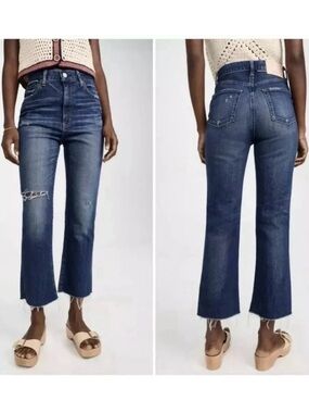 MOUSSY VINTAGE MV Rhode Cropped Flare Hi Rise Jeans in Dark Blue Frayed Size 25